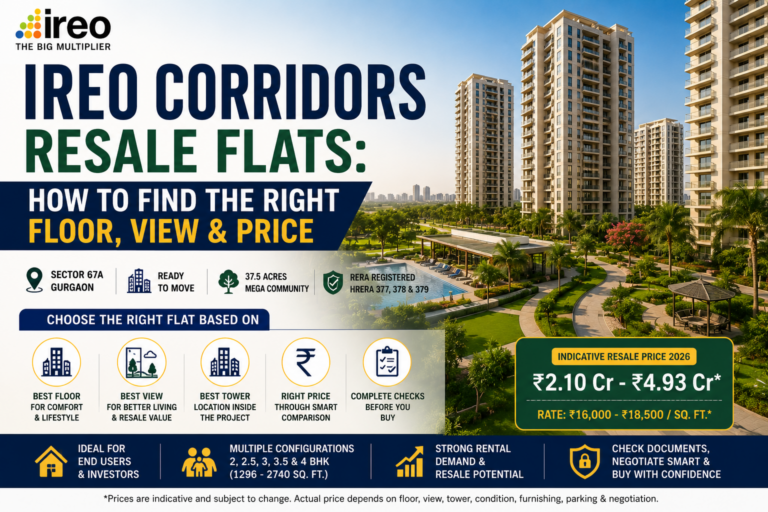 Buying IREO Corridors resale flats is different from simply searching for the lowest asking price. Because IREO The Corridors is a completed and ready-to-move residential development in Sector 67A Gurgaon, buyers have the advantage of being able to inspect the actual apartment before purchasing. That means the decision can be based on real factors such as floor, view, tower, natural light, ventilation, interior condition, parking and surrounding environment rather than relying entirely on a brochure or future construction promise. The project covers approximately 37.5 acres and offers multiple configurations, including 2 BHK, 2.5 BHK, 3 BHK, 3.5 BHK and 4 BHK + Servant apartments. Current August 2026 project research places the indicative resale/ready-to-move price range at approximately ₹2.10 crore to ₹4.93 crore, with an indicative market rate of around ₹16,000–₹18,500 per sq. ft. However, these figures should not be interpreted as a fixed price for every apartment. A 3 BHK on a preferred floor with an open green view and upgraded interiors can reasonably command a different price from another 3 BHK in the same project facing another tower. That is why the right approach to IREO Corridors resale is: Find the right apartment first, then determine whether the price is right. IREO The Corridors is located in Sector 67A, Gurgaon, along the Golf Course Extension Road corridor. Current project information identifies the development as ready to move, with approximately 1,356 delivered units and around 27 delivered towers within the broader master plan. Property Factor Current Indicative Information Project IREO The Corridors Location Sector 67A, Gurgaon Status Ready to Move Land Area Approx. 37.5 acres Configurations 2, 2.5, 3, 3.5 & 4 BHK Approx. Size 1,296–2,740 sq. ft. super built-up Indicative Resale Price ₹2.10–₹4.93 Cr Indicative Rate ₹16,000–₹18,500/sq. ft. RERA HRERA 377, 378 & 379 of 2017 Location Corridor Golf Course Extension Road / SPR The actual transaction value can vary according to floor, tower, orientation, view, furnishing, renovation, parking, seller expectations and negotiation. IREO Corridors Resale Price 2026 The first step before visiting resale apartments is understanding the broad IREO Corridors resale price range. Current August 2026 project research indicates: Configuration Approx. Area Indicative Resale Price 2 BHK 1,296 sq. ft. ₹2.10–₹2.40 Cr 2.5 BHK 1,484–1,600 sq. ft. ₹2.50–₹2.70 Cr 3 BHK 1,727 sq. ft. ₹2.85–₹3.20 Cr 3.5 BHK 1,893–2,000 sq. ft. ₹3.40–₹3.75 Cr 4 BHK + Servant 2,734–2,740 sq. ft. ₹4.50–₹4.93 Cr These figures are indicative rather than guaranteed transaction values. For buyers wanting the broader pricing analysis, the IREO Corridors resale price guide provides configuration-wise resale ranges and explains why two similar apartments can have different asking prices. The important point is that price per sq. ft. is only a starting benchmark. A ₹17,500-per-sq.-ft. apartment with an open green view, good interiors and a desirable floor may provide better value than a ₹16,000-per-sq.-ft. property facing another tower and requiring extensive renovation. What Makes One IREO Corridors Resale Flat More Valuable Than Another? Several factors influence the value of an individual apartment. The most important are: Floor View Tower Orientation Apartment size Floor plan Interior condition Furnishing Parking Maintenance Renovation Seller urgency Documentation Current comparable listings This means buyers should avoid comparing apartments using only their BHK label. Two 3 BHK apartments can have significantly different market values. The better purchase is the apartment that offers the strongest combination of location within the project, usable space, condition and negotiated price. IREO Corridors Best Floor: Which Floor Should You Choose? Floor selection is one of the most common questions from buyers looking for IREO Corridors resale flats. There is no universally best floor. Instead, the ideal floor depends on what you value most. Lower Floors Lower floors can appeal to buyers who prioritise convenience. Advantages may include: Easier access Less dependence on lifts Convenience for elderly family members Easier movement with children Potentially faster access during emergencies However, lower floors may have less privacy and may be more affected by activity around internal roads, landscaping or common areas. Mid Floors For many buyers, mid floors provide a practical balance. They can offer: Reasonable privacy Good views Easier lift access than very high floors Less direct road-level disturbance Good resale appeal A well-positioned mid-floor apartment with an open view can sometimes be a better purchase than a much higher apartment with a blocked outlook. Higher Floors Higher floors can be attractive for buyers prioritising: Open views Privacy Greater distance from ground-level activity Better skyline visibility Premium positioning But buyers should not automatically pay a large premium simply because an apartment is on a higher floor. The view matters just as much as the height. IREO Corridors Best View: What Should Buyers Look For? The view from an apartment can materially influence both lifestyle value and resale appeal. When visiting a resale property, do not simply ask: “Is this a park-facing apartment?” Ask: “What exactly can I see from the living room and bedrooms?” Potential views can include: Landscaped green areas Internal gardens Clubhouse Swimming pool Internal roads Other residential towers Parking Main roads Open land An open green view may be more desirable than a view directly facing another residential tower. However, buyers should also investigate whether the open area is likely to remain open. A view that looks attractive today should not automatically be treated as permanently protected. Park-Facing vs Internal-Facing IREO Corridors Flats A park-facing apartment can attract a premium because it may provide: Better visual openness More greenery Greater privacy Better natural light More attractive balconies Potential resale appeal But the premium should be reasonable. Suppose two similar 3 BHK apartments are available: Apartment A: ₹2.95 crore, internal view Apartment B: ₹3.15 crore, open green view The buyer should determine whether the additional ₹20 lakh is justified by the floor, view, condition and long-term resale potential. Do not pay a premium merely because the seller uses the phrase “park facing.” Inspect the actual view. Tower Selection in IREO Corridors Tower location is another important factor that can be overlooked. A buyer should examine: Distance from entrance Distance from clubhouse Lift location Internal road exposure Parking access View Tower orientation Nearby amenities Distance from neighbouring towers The best tower depends on the buyer's priorities. A family with young children may prefer easy access to community facilities. A buyer seeking quiet living may prefer a tower farther from high-activity areas. An investor may focus more heavily on the combination of configuration, view and resale demand. IREO Corridors Floor Plan: Don't Buy Without Checking the Layout The floor plan is just as important as the view. The current project data identifies approximately: 2 BHK: 1,296 sq. ft. 2.5 BHK: 1,484–1,600 sq. ft. 3 BHK: 1,727 sq. ft. 3.5 BHK: 1,893–2,000 sq. ft. 4 BHK + Servant: 2,734–2,740 sq. ft. Buyers should not compare apartments only on super built-up area. The IREO Corridors floor plan information can be used to compare configurations before visiting individual resale apartments. During the inspection, check: Living room dimensions Bedroom dimensions Kitchen Balcony Bathrooms Storage Utility space Passage area Natural light Ventilation Bedroom privacy A 3 BHK with efficient planning can provide better practical value than another 3 BHK with a larger quoted area but poor space utilisation. IREO Corridors 3 BHK Resale Flats The IREO Corridors 3 BHK is likely to attract a broad family buyer segment because it provides a balance between space and acquisition cost. The benchmark configuration is approximately 1,727 sq. ft., with an indicative resale range of around ₹2.85–₹3.20 crore in the current project research. For a 3 BHK resale apartment, buyers should pay particular attention to: Floor View Tower Bedroom dimensions Living room Balcony Renovation Parking Final negotiated price If the buyer intends to remain in the apartment for several years, layout and lifestyle factors may matter more than a small difference in purchase price. For investors, however, the resale audience and achievable rental value should receive greater attention. IREO Corridors 2 BHK Resale Flats A 2 BHK can provide a lower entry point into the development. The benchmark 1,296 sq. ft. configuration is currently indicated around ₹2.10–₹2.40 crore. This can be relevant for: Couples Small families Investors Buyers downsizing Professionals seeking an established community For an investment purchase, compare the acquisition cost against achievable rent. For an end user, evaluate whether the apartment provides enough storage and usable space for your expected period of ownership. IREO Corridors 4 BHK Resale Flats The larger 4 BHK + Servant apartments represent the premium end of the project's residential inventory. The indicative size is approximately 2,734–2,740 sq. ft., with current indicative pricing around ₹4.50–₹4.93 crore. At this ticket size, the buyer should conduct particularly detailed due diligence. Inspect: Entire apartment Flooring Kitchen Bathrooms Woodwork Electricals Air-conditioning Plumbing Balcony Parking View Maintenance Seller documentation A large apartment requiring substantial renovation can quickly become much more expensive than its initial asking price suggests. How to Calculate the Fair Price of an IREO Corridors Resale Flat A common mistake is to take the advertised average rate and multiply it by the apartment's super built-up area. That can provide a starting benchmark, but it should not be the final valuation method. Use: Base Property Value Floor Premium View Premium Interior/Furnishing Value Parking Value − Renovation Requirement − Other Property-Specific Adjustments = Estimated Fair Value For example, an apartment with a premium open view and high-quality renovation may justify a higher price. An apartment with old interiors, a blocked view and significant repair requirements should generally be assessed differently. How to Compare Two IREO Corridors Resale Flats Suppose two 3 BHK apartments are available. Apartment A 3 BHK Mid floor Open internal view Good condition Semi-furnished ₹3.05 crore Apartment B 3 BHK Higher floor Better open view Older interiors Unfurnished ₹3.15 crore Which one is better? There is no automatic answer. The buyer should calculate the cost of bringing Apartment B to the desired condition. If renovation costs ₹15–20 lakh, Apartment A may offer better overall value. But if the higher floor and view have strong long-term importance, Apartment B could still make sense. The correct comparison is: Effective Cost = Purchase Price + Required Renovation + Other Acquisition Costs How to Negotiate IREO Corridors Resale Price Never begin negotiation by asking the seller: “What is your lowest price?” Instead, research comparable properties first. Compare at least three or four apartments with similar: Configuration Size Floor View Tower Condition Furnishing Parking Then determine the approximate market band. Negotiation can be based on specific differences. For example: Higher price justified by: Open green view Premium floor Renovated interiors Better furnishing Preferred tower Lower price justified by: Renovation required Poor view Maintenance issues Old interiors Outstanding dues Less desirable floor Seller urgency This makes the negotiation factual rather than emotional. IREO Corridors Resale Flats: Seller Questions Before finalising a resale property, ask the seller: Why are you selling? When did you purchase the apartment? Is there an outstanding loan? Is the apartment currently occupied? Is it rented? What is the current maintenance amount? Are maintenance dues completely paid? Is property tax paid? What parking is officially allotted? Has the apartment been renovated? Has there ever been seepage or leakage? What furniture is included? Are there any disputes? Can you provide ownership documents? What is your expected final price? Where possible, obtain important confirmations in writing. Documents to Check Before Buying an IREO Corridors Resale Flat A ready-to-move property still requires full legal and financial due diligence. Check: Sale deed Previous ownership documents Allotment documentation Possession documentation Occupancy Certificate RERA information Property-tax records Maintenance receipts Parking documents Bank NOC if applicable Loan closure documents Utility records Seller identification Association documentation Applicable transfer requirements The IREO Corridors flat buyer checklist covers the main price, area, floor-plan, tower, RERA, OC, title, parking, maintenance and physical-condition checks buyers should perform before purchasing. For a high-value transaction, independent legal verification is strongly advisable. How Much Does Floor and View Affect Resale Value? There is no universal percentage that can be applied to every apartment. The premium depends on: Current buyer demand Floor level View quality Tower position Configuration Market supply Apartment condition A premium view can be particularly valuable when combined with: Higher floor Large balcony Good natural light Privacy Quality interiors But the premium should always be compared with actual competing listings. Do not assume that every higher-floor apartment deserves the same premium. Is a Higher Floor Always Better for Resale? No. Higher floors can attract buyers who value views and privacy, but some families prefer lower or mid floors for convenience. A resale buyer should therefore identify the likely target audience. For example: Luxury buyer: may prefer higher floor and open view. Family with elderly parents: may prefer mid or lower floor. Investor: may focus more on purchase price and rental demand. The best resale apartment is therefore the one that matches the largest realistic buyer segment at the time of exit. Best View for IREO Corridors Resale Generally, buyers tend to prefer: Open green view Large landscaped view Clubhouse/pool view where privacy is maintained Open internal view Road-facing view Direct tower-to-tower view But this ranking is not absolute. A pool-facing apartment with significant noise may not be preferable to a quiet garden-facing apartment. A road-facing apartment on a high floor may have an excellent city view. The actual property must be inspected. IREO Corridors Resale vs Other IREO Projects A buyer searching for IREO Corridors resale flats should also compare alternatives before making the final decision. IREO Skyon can be relevant for buyers focused on Sector 60. IREO Grand Arch can suit buyers who prefer Sector 58 and premium architectural positioning. IREO Victory Valley can be considered by buyers seeking high-rise luxury in Sector 67. However, the comparison should be made between actual apartments rather than generic project prices. A ₹3 crore apartment in one project may provide a completely different combination of size, floor, view and condition from a ₹3 crore apartment in another. Is IREO Corridors Resale a Good Investment? A resale apartment can be attractive when the buyer acquires it at a sensible price. The investment calculation should include: Purchase Price Registration & Acquisition Costs Brokerage Renovation Furnishing Maintenance Financing Costs = Total Acquisition Cost Then compare realistic annual rent. The gross rental yield formula is: Annual Rental Income ÷ Total Acquisition Cost × 100 Do not calculate yield using only the seller's advertised rent. Verify actual achievable rent, vacancy periods, maintenance and other recurring expenses. Capital appreciation is also not guaranteed. Best IREO Corridors Resale Flat for End Users For an end user, the priorities should generally be: Layout Natural light Ventilation View Floor Condition Noise Parking Community facilities Daily commute If you expect to live in the apartment for 7–10 years, paying a reasonable premium for a better floor, view and condition can make sense. The objective should be to purchase a home that remains comfortable throughout the holding period. Best IREO Corridors Resale Flat for Investors Investors should focus more heavily on: Entry price Rental demand Rental yield Maintenance Configuration Resale liquidity Tenant demand Future buyer pool Financing cost Exit price For many investors, a well-priced 2 BHK or 3 BHK may provide a broader potential rental and resale audience than a very large 4 BHK. But this depends on actual market conditions at the time of purchase. 7 Mistakes to Avoid When Buying IREO Corridors Resale Flats 1. Buying the Cheapest Apartment The cheapest property may have the weakest view, poor condition or difficult resale characteristics. 2. Paying Too Much for a High Floor A high floor is valuable only when the overall apartment justifies the premium. 3. Ignoring Renovation Cost Old interiors can significantly increase the real purchase cost. 4. Comparing Only Price Per Sq. Ft. Price per sq. ft. does not capture view, floor, condition or furnishing. 5. Ignoring Carpet Area Super built-up area should not be treated as equivalent to usable living space. 6. Skipping Legal Due Diligence A ready-to-move property still requires title and documentation checks. 7. Making a Decision After One Site Visit Visit at different times if possible to understand noise, traffic, sunlight and community activity. IREO Corridors Resale Buying Checklist Before paying a token amount, confirm: Property Configuration Carpet area Floor Tower View Orientation Condition Financial Asking price Comparable prices Negotiated price Brokerage Registration Renovation Maintenance Other applicable charges Legal Title Sale documents RERA OC Bank NOC Maintenance dues Parking documentation Lifestyle Noise Natural light Ventilation Parking access Clubhouse Landscaping Security Daily commute How to Find the Right IREO Corridors Resale Flat The best IREO Corridors resale flat is not necessarily the cheapest apartment or the highest-floor unit. It is the apartment where the combination of: Floor + View + Layout + Condition + Tower + Parking + Price makes sense. Current August 2026 research places the broad indicative resale/ready-to-move range at approximately ₹2.10 crore to ₹4.93 crore, with an indicative rate of around ₹16,000–₹18,500 per sq. ft. But the project-wide range is only a starting point. For an actual buyer, the more important question is: What is the fair price for this exact apartment? A 3 BHK on a desirable floor with an open green view, good natural light and renovated interiors may justify a premium. A similar 3 BHK requiring renovation and facing another tower should be priced differently. The same principle applies to 2 BHK and 4 BHK resale apartments. For end users, prioritise the floor plan, view, light, ventilation, condition and daily convenience. For investors, focus more heavily on acquisition cost, rental demand, maintenance, liquidity and the likely future buyer pool. Before making a decision, compare several apartments and inspect each one personally. Use the IREO Corridors resale price guide for pricing context, the IREO Corridors floor plan resource for configuration comparison, and the IREO Corridors flat buyer checklist before moving ahead with a transaction. The strongest resale purchase is ultimately the one where the apartment is right and the price is justified. Disclaimer: This article is intended for general property information, research and educational purposes only. Prices, availability, configurations, apartment sizes, specifications, amenities, project status, rental values, resale prices, market conditions and other property details may change over time and may vary between individual apartments. All prices and market figures mentioned are indicative only and should not be considered guaranteed quotations, offers, investment returns or assurances of future appreciation. Actual transaction prices may vary according to the specific apartment, floor, tower, orientation, view, furnishing, renovation, parking, seller expectations, applicable charges and negotiation. Prospective buyers should independently verify the latest IREO Corridors resale price, apartment availability, ownership/title documents, RERA records, Occupancy Certificate, approvals, maintenance dues, applicable taxes, registration charges, parking documentation, loan status and other legal, financial and property-related information with the seller, relevant authorities and qualified legal/property professionals before making any booking, payment or purchase decision. IREO New Project is an independent property information website and is not the official website of IREO or its developer entities. No guarantee is made regarding rental income, capital appreciation, resale value, investment performance or future property prices. Readers should conduct independent due diligence before proceeding with any property transaction.